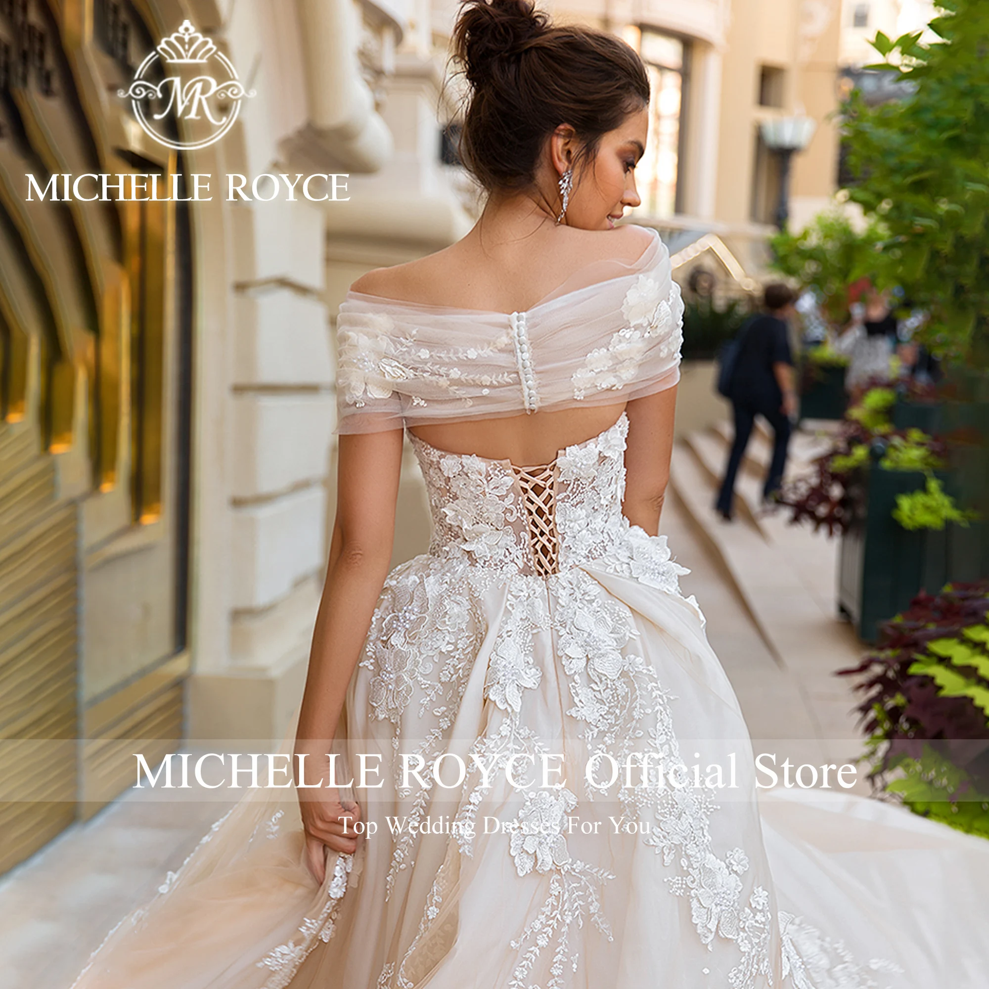 ميشيل رويس فساتين زفاف على شكل كرة للنساء مثير tSweetheart التطريز الشمبانيا الدانتيل يصل ثوب زفاف Vestidos De Novia