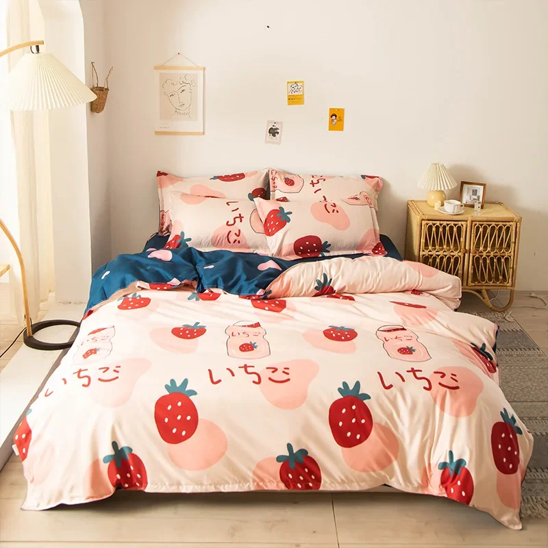 Strawberry Fruit Duvet Cover Sets Milk Print Kids Blush Pink Bedding Set Soft Reversible Cute Love Comforter Cover Bedroom Decor