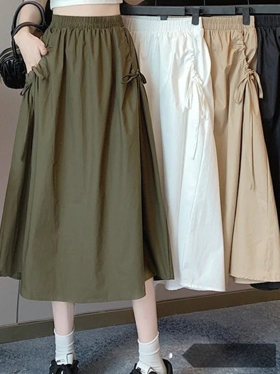 Summer 2026 Versatile Pure Color Drawstring Pocket Mid-Length Workwear A-Line Skirt for Women Elastic Waist High Waist Design