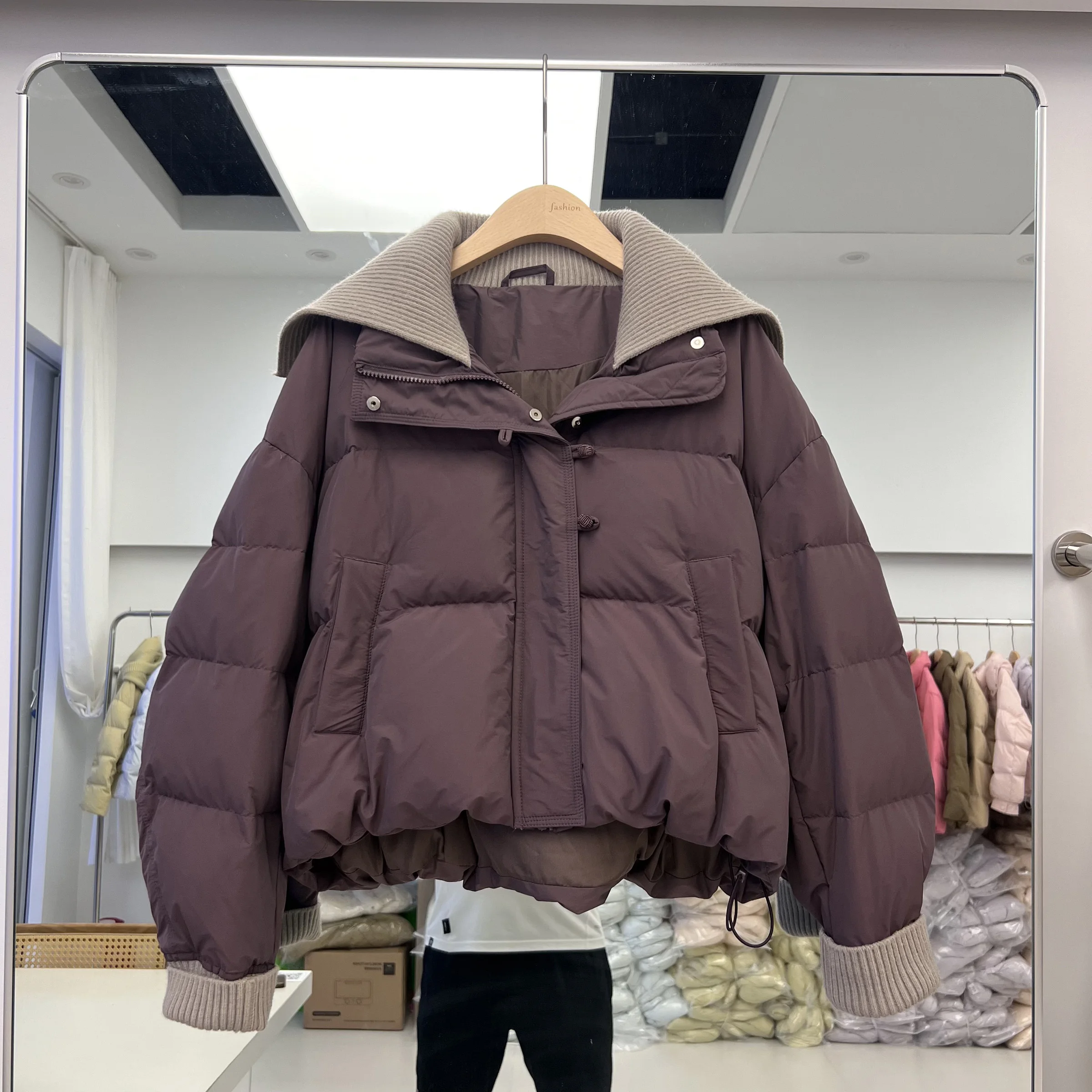 Winter New Women's Down Jacket Fashion Short Knitted Turn Down Collar Splicing White Duck Down Coats Korean Loose Outerwear