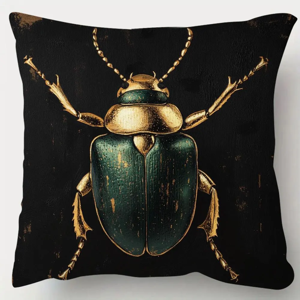 Luxury Beetle Bug Green and Golden Insect Pattern Double-Sided Throw Pillow Cover, Decorative Cushion Case for Bed and Sofa