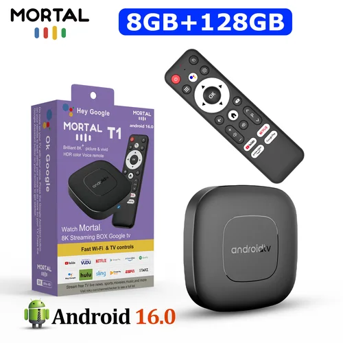 Mortal TV Box T1 Android 16 4K Google Voice 8G RAM 128G ROM RK3518 BT5.0 WiFi 6 HDR10 Reproductor multimedia de vídeo de YouTube Decodificador TV Box