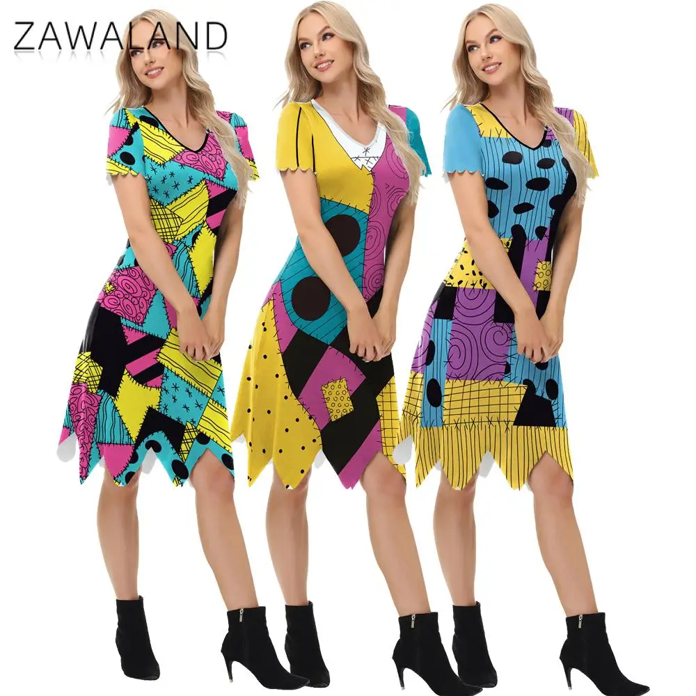 

Zawaland Christmas Horror Sally Cosplay Costume Zombie Dress for Women Halloween Printing Funny Party Dresses Stage Performance