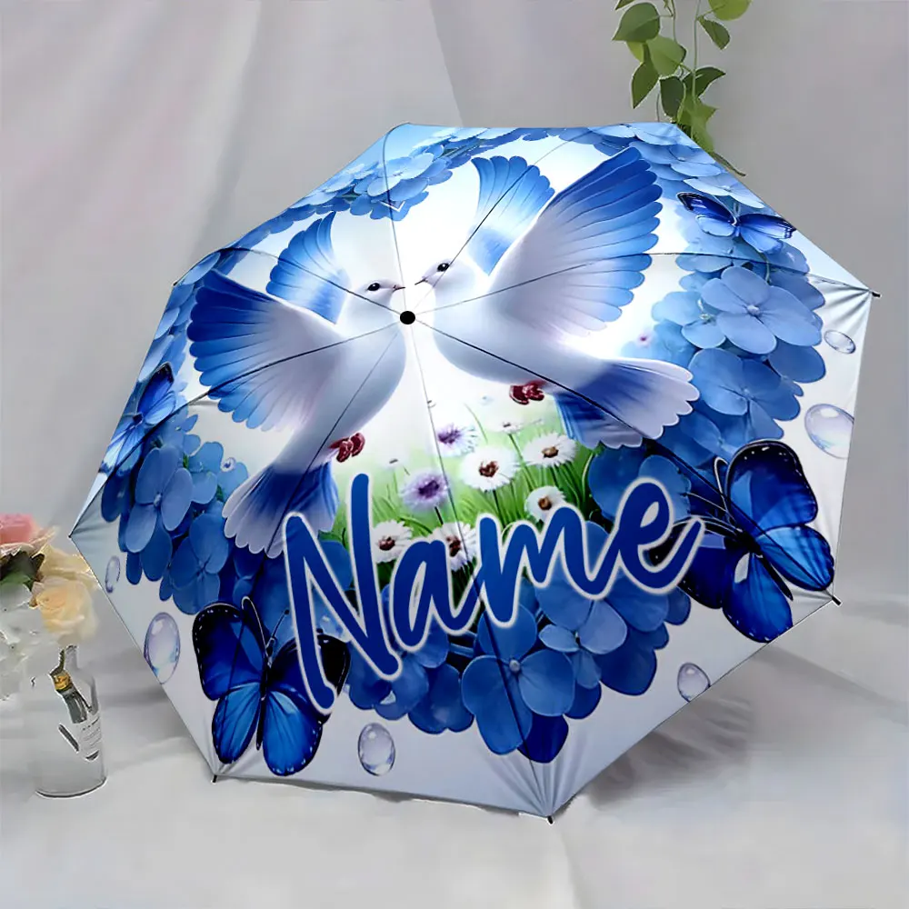 Custom Name Peaceful Doves and Blue Butterflies Design Umbrella Print 8 Iron Ribs Folding Umbrella Auto-Open Fashion Sunshade