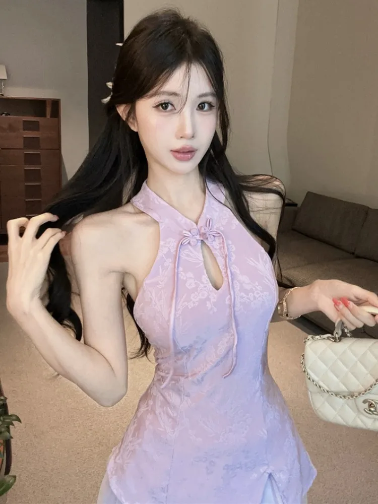 

New Chinese Style Sexy Lace Splice Short Qipao Dress Shoulder Bared Summer New Women's Fashion A-Line Dress Cotton Knitted