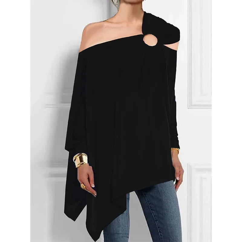 

Tinaa Асимметричная полая футболка женская 2025 однотонная хлопковая футболка с открытыми плечами и длинными рукавами свободные повседневные футболки и футболки 157818