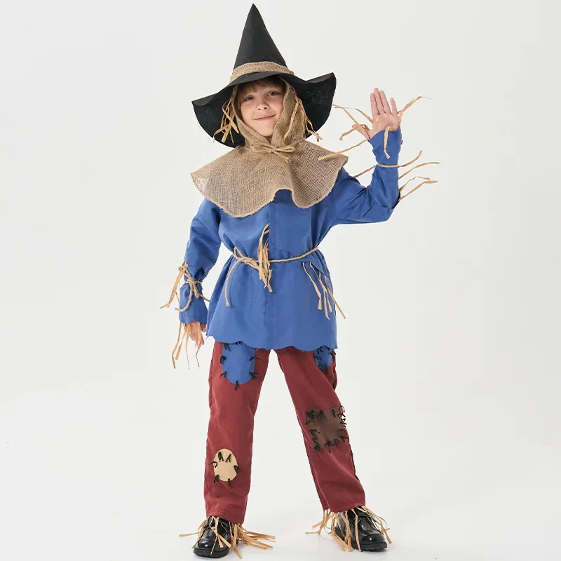 Umorden Unisex Child Kids Puppet Scarecrow Costume for Boys Girls Blue Top Pants Set Fantasia Halloween Stage Fancy Dress