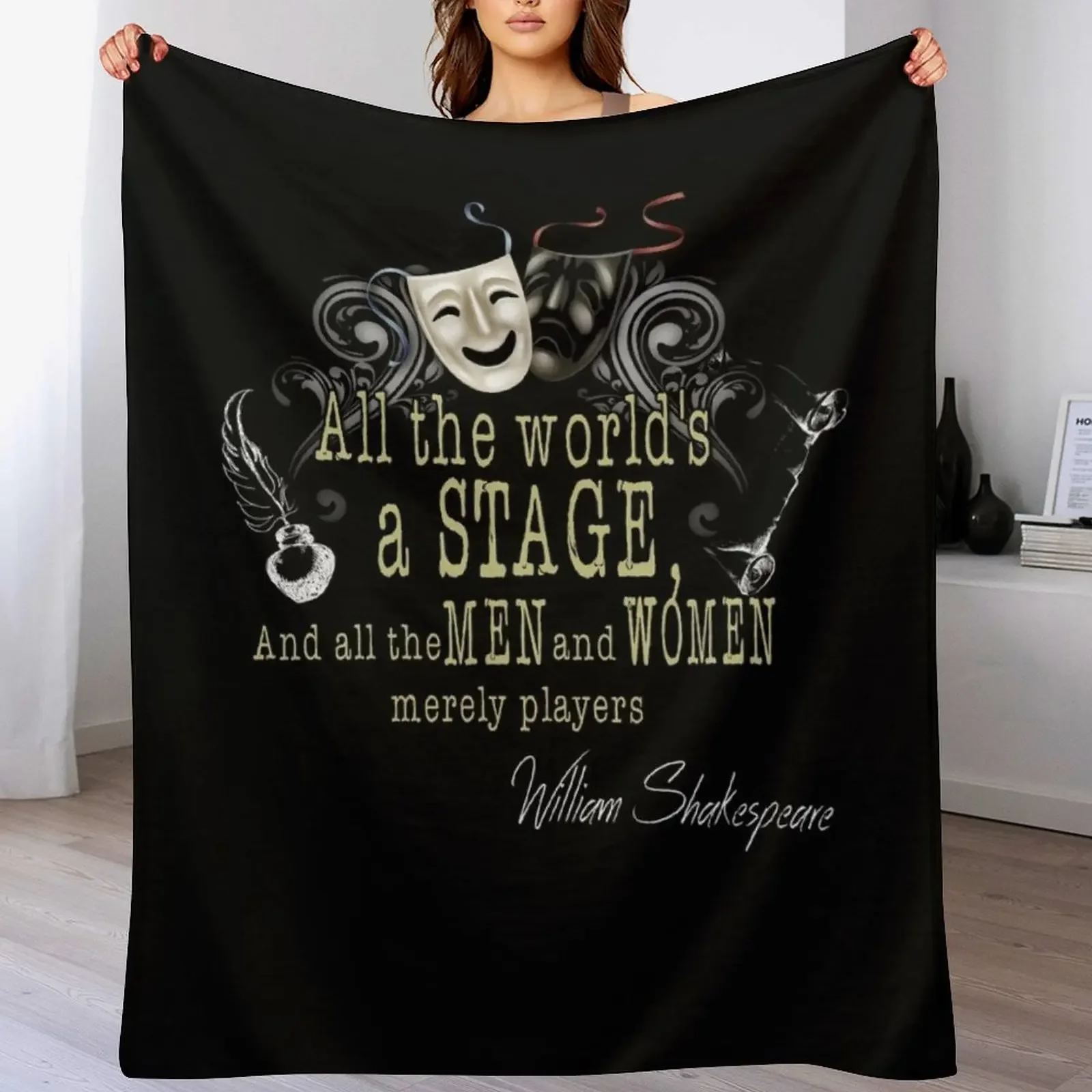 Couverture à carreaux amusante pour enfants, avec citations et poèmes de William Shakespeare, « Le monde entier est un scène », pour les fans de théâtre et de biographie