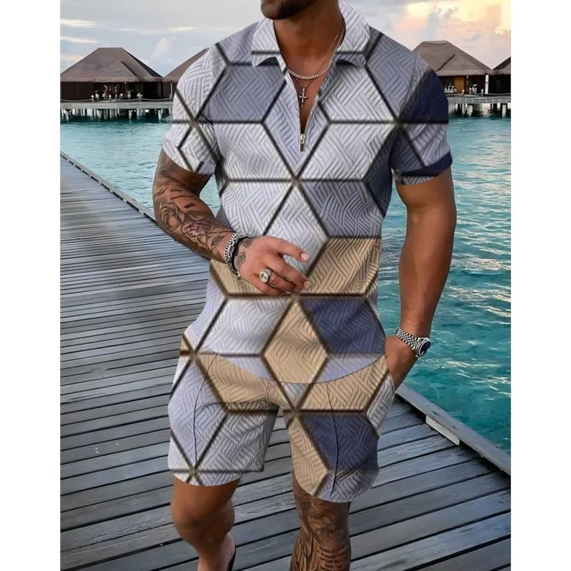 

Color Gradient 2 Pcs Golf Summer Fashion Mens Polo Shirts Short Sleeve Sets Black Short Pants Tracksuit Casual Beach Suit