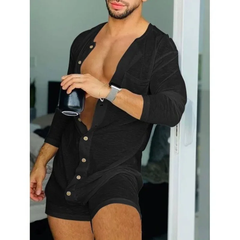 Men Adult Onesies Solid Color Tight Jumpsuit New Homewear Clothes Long Sleeve Sexy Short Mens Jumpsuit Onsies Pajamas