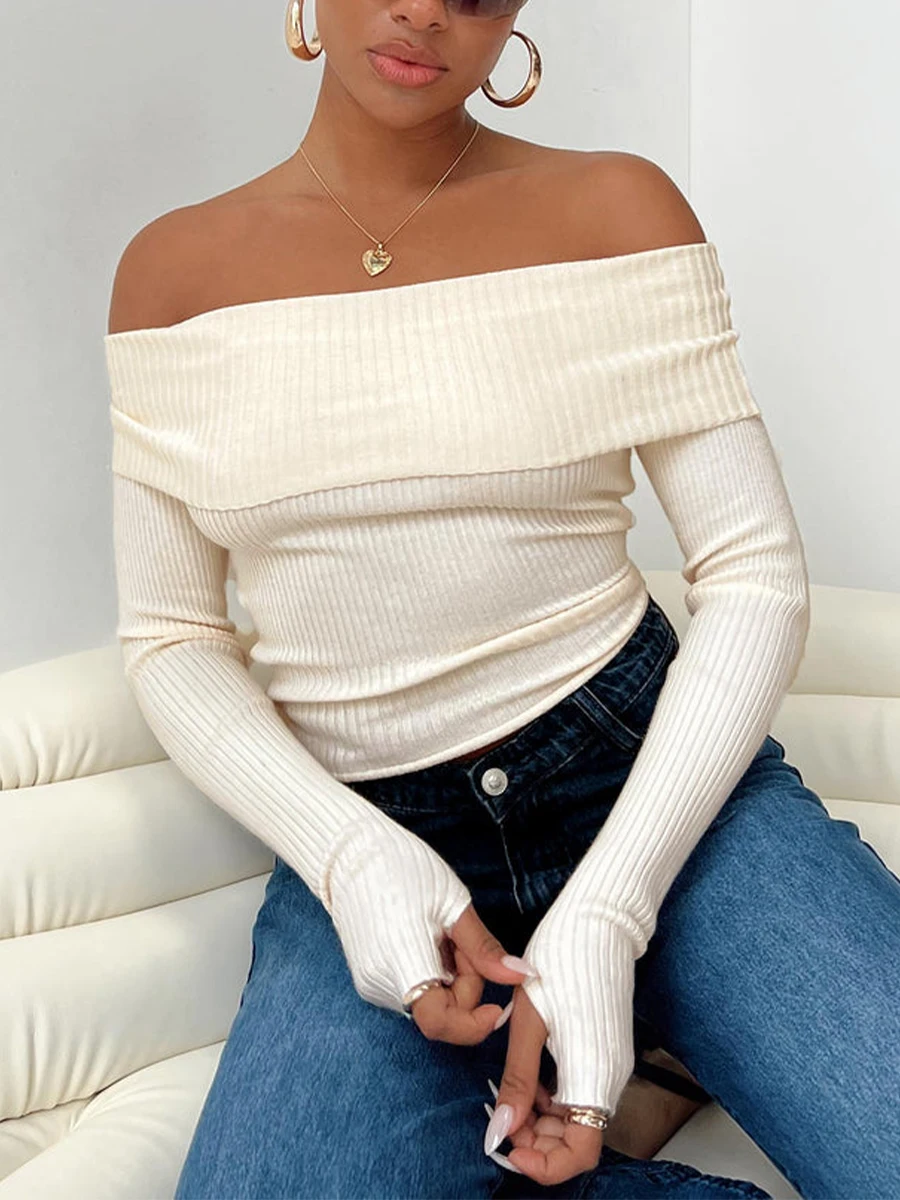 

Fashion Women's Off-Shoulder Sweater Knit Crop Tops Solid Color Ribbed Boat Neck Long Sleeve Show Navel Knitwear Y2k Streetwear