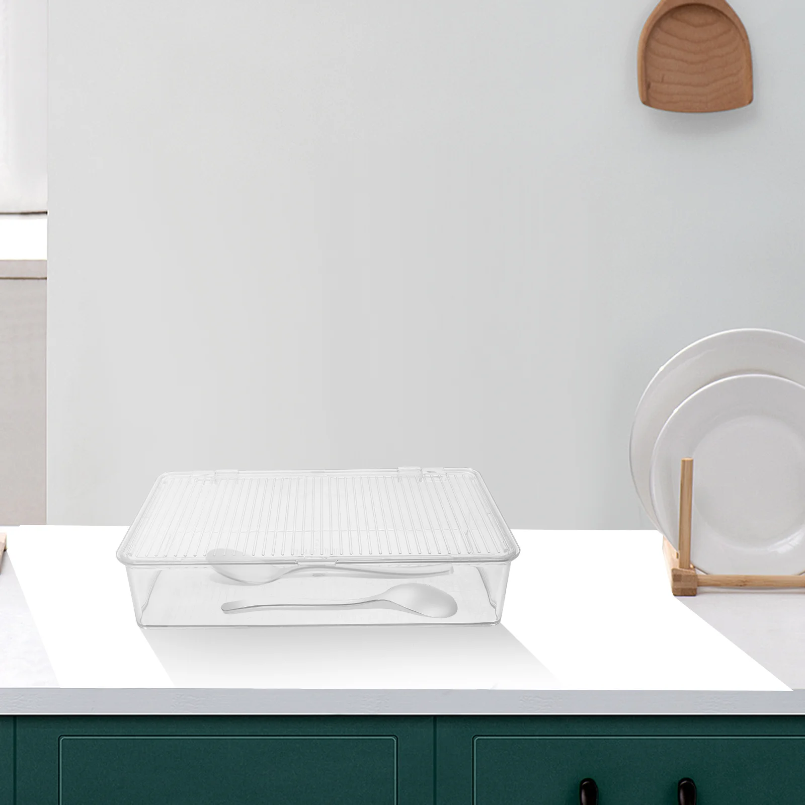 

Dustproof Cutlery Organizer Transparent Plastic Utensil Box with Lid Stackable Storage Holder for Kitchen Countertop Tableware