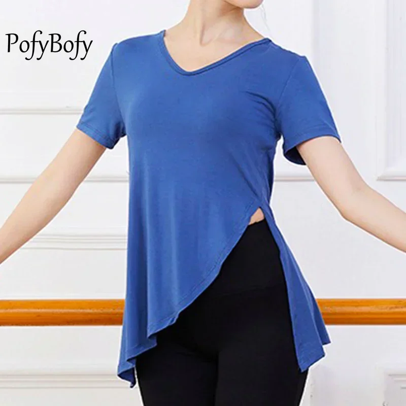 PofyBofy Asymmetrical Split Hem V Neck Stretchy Lightweight Women Short Sleeve Loose Shirt Yoga Dance Pilates Summer Casual Top