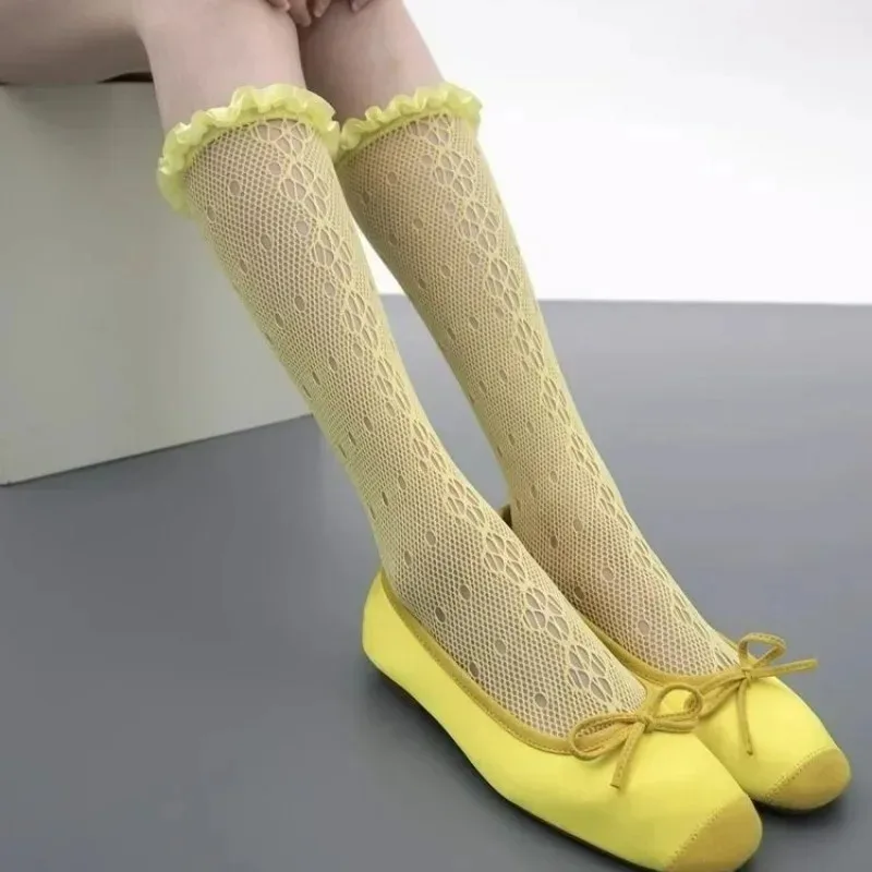 Lace Mesh Calf Socks Women Floral Hollow Stockings Ribbon Trim Sheer Breathable Nylon Mid Calf Socks Vintage Sweet Summer Socks view 3