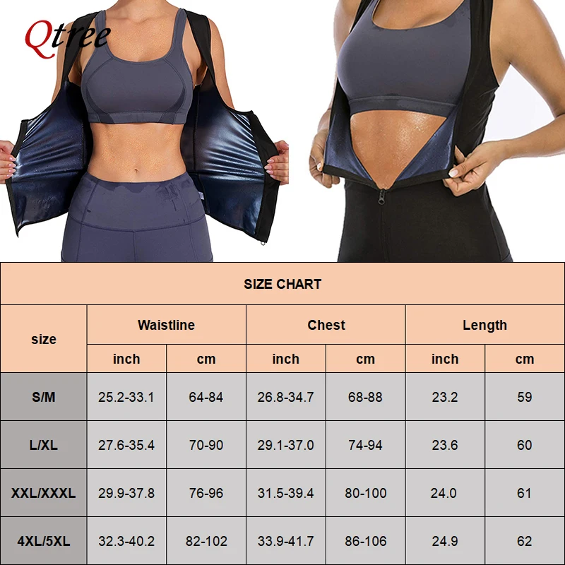 Qtree Women Sauna Suit Sweat Slimming Vest Body Shaper Jumpsuit Shapewear Zipper Waist Trainer Top Weight Loss Burner Fat Corset