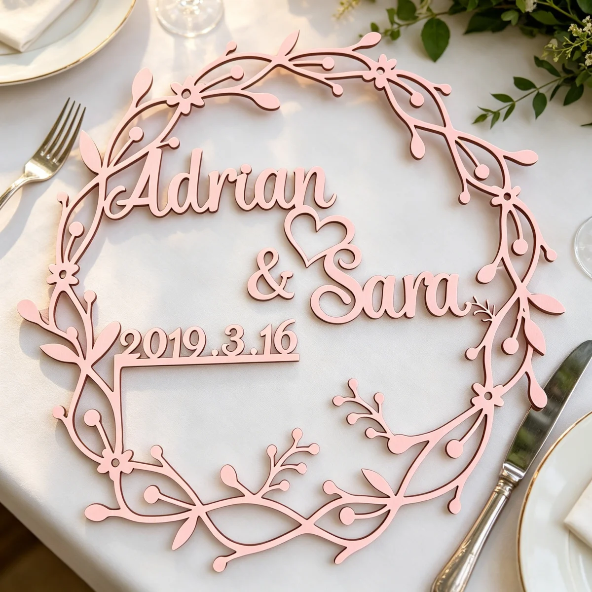 1Pc Custom Floral Wreath Couple Wooden Name Plaque,Home Kids Room Nursery Bedroom Wall Door Decor,Birthday Wedding Gift - view 6