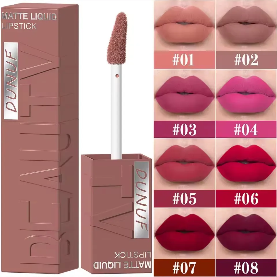 DUNUF 8-Color Lip Matte Smooth Easy-to-Apply Square Gloss Tube Velvet Waterproof Three-Dimensional Sexy Plumping Lipstick Makeup