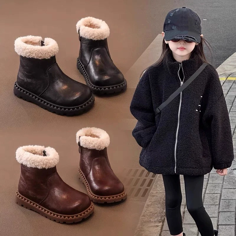 

New Kids Snow Boots Girls Cotton Shoes Winter Warm Casual Baby Toddler Leather Boots Student Kids Plush Chelsea Ankle Boots