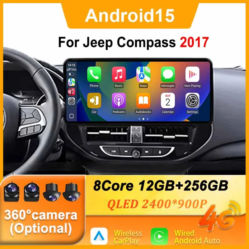 12,3 pulgadas para Jeep Compass 2017 Radio de coche pantalla táctil Multimedia inteligente Android Auto Carplay 2400*900P WIFI 4G Bluetooth