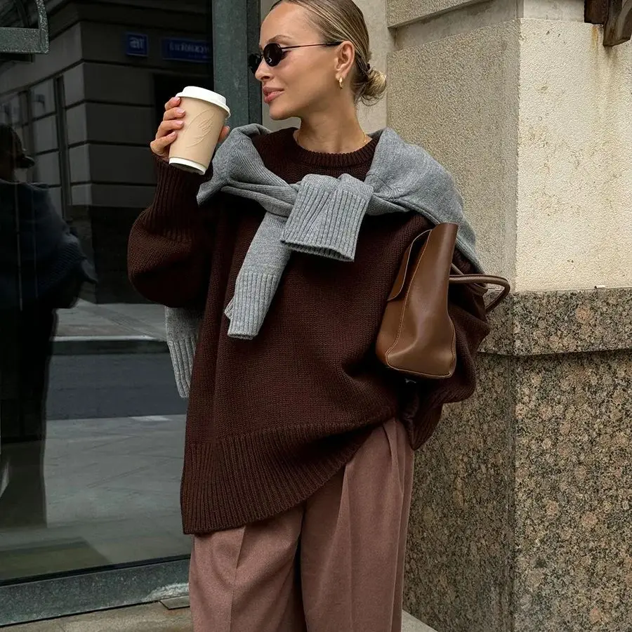 

Зимний женский свитер оверсайз, бордовый винтажный пуловер с круглым вырезом, женский джемпер, базовый серый женский теплый вязаный свитер для женщин