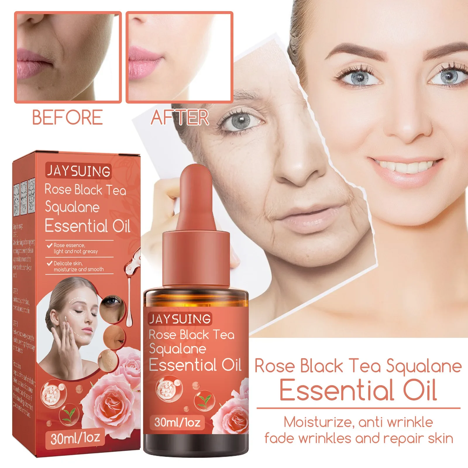 Rose Black Tea Squalane Essential Oil Facial Essence Delicate Skin, Moisturize and Smooth, Light and Not Greasy, 30ml