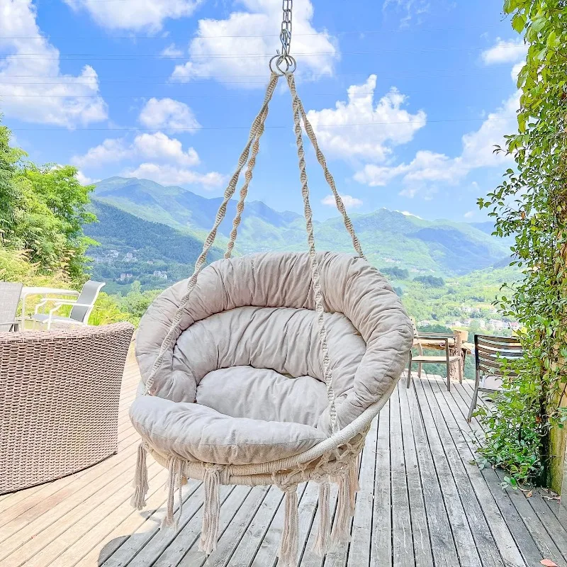 

Chair with Cushion, Handmade Macrame Swing Chair with Hanging Hardware Kits, Bohemian Style Cotton Rope Hanging Chair fo