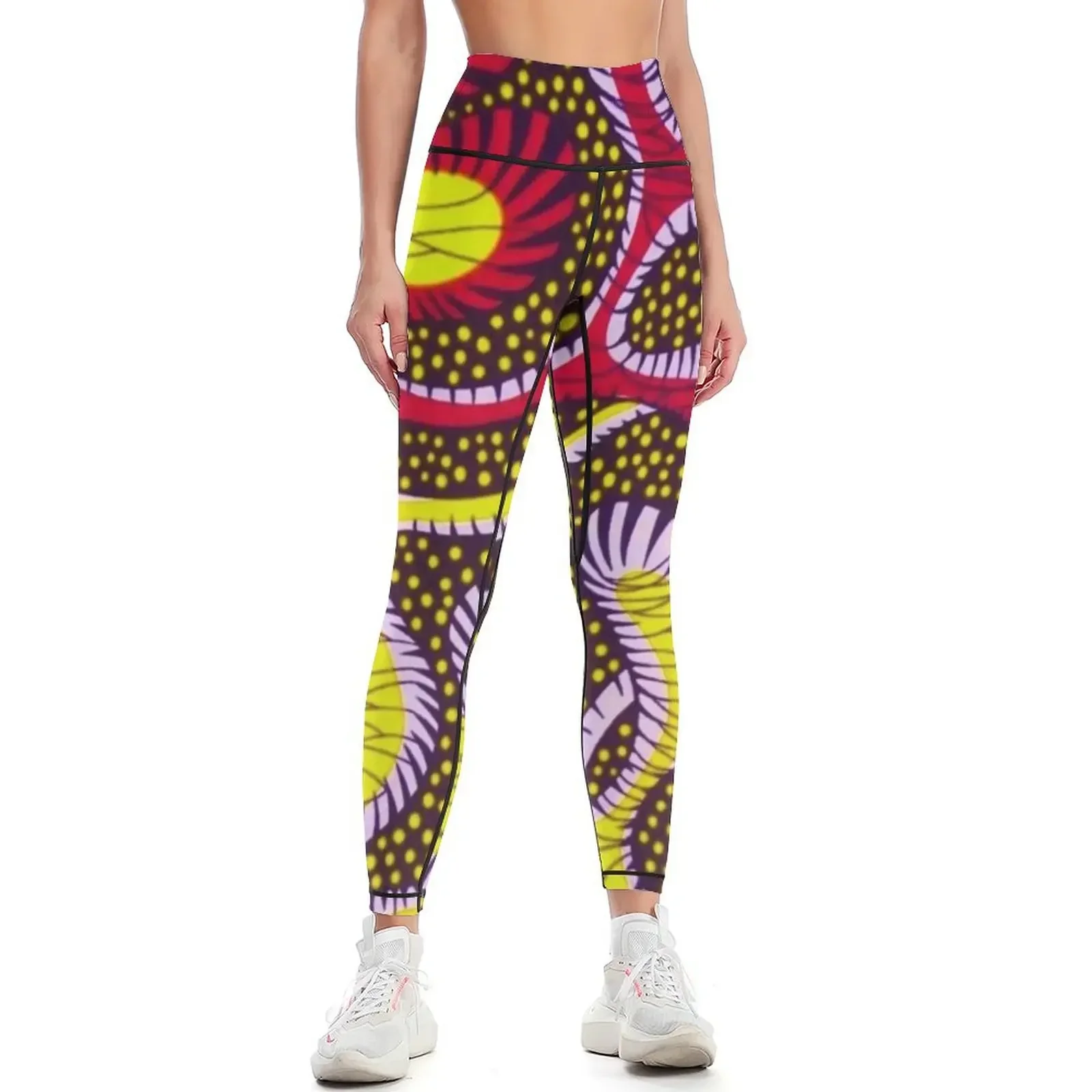 

Hand Drawn African Tribal Print (Ankara) with Yellow/ Gold, Red/ Crimson, Purple/ Thistle and Black Tones - Abstract Le Leggings