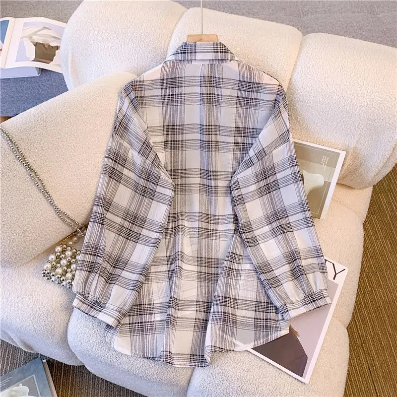 Ice Silk Plaid Loose Street Casual Cardigan Summer New Long Sleeve Polo Neck Vintage Shirt Tops Fashion Trend Women Clothing