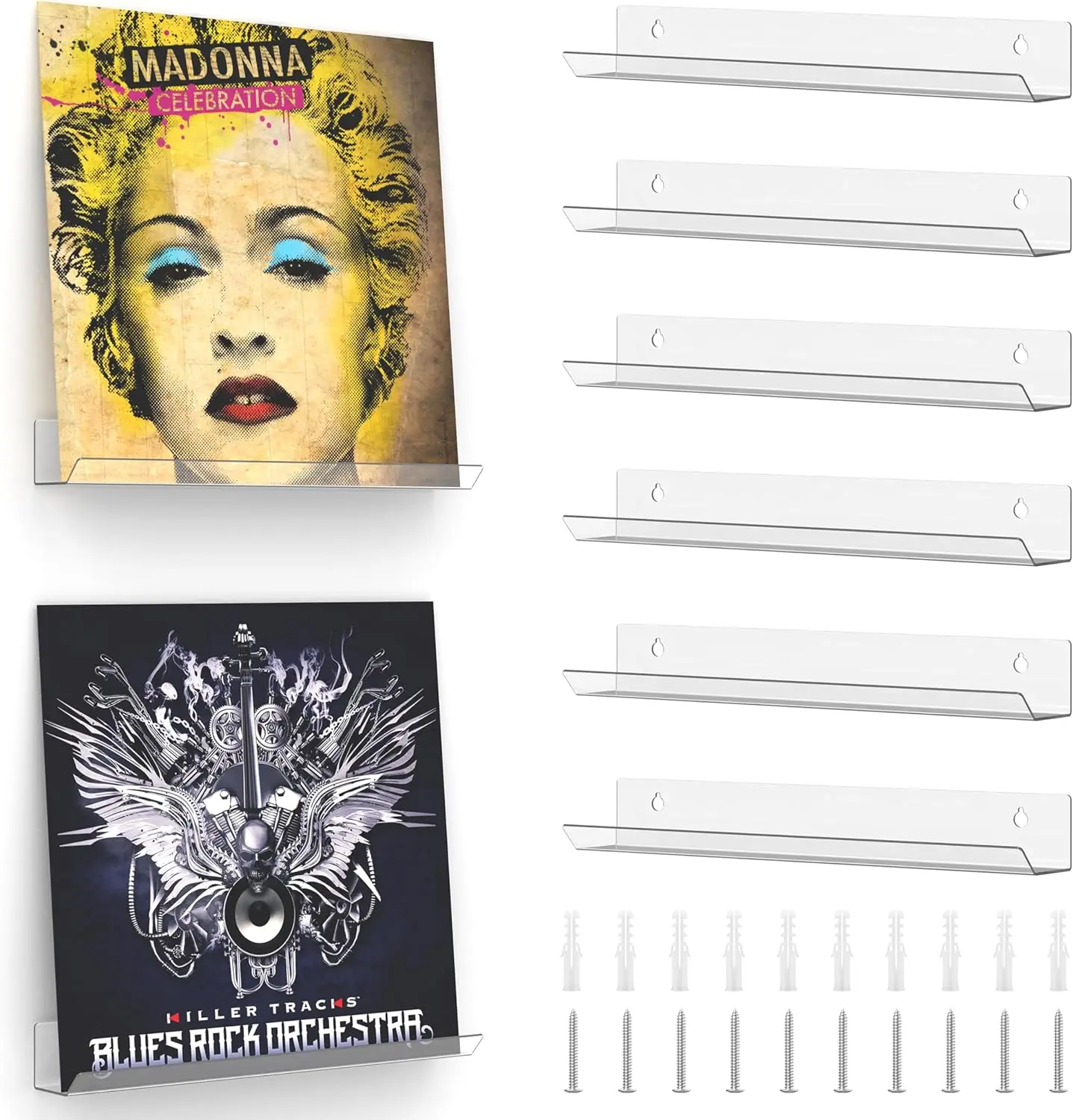 

6-Pack Clear Acrylic Vinyl Record Wall Mount Shelf for 12-Inch LP Display and Listening