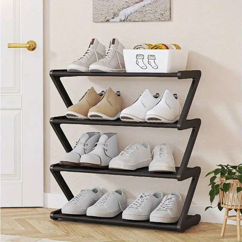 

1Pc 4-Tier Z-Shaped Multifunctional Shoe Cabinet Storage Rack, Plastic Stand With Metal Steel Pipes, Space-Saving, Suitable For
