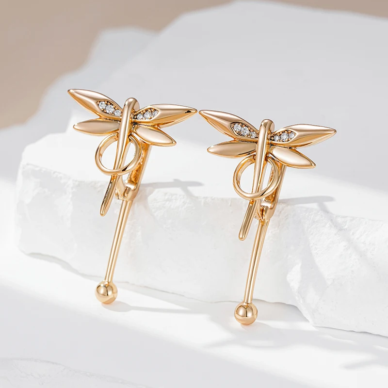 Wbmqda New Glossy Dragonfly Dangle Earrings For Women 585 Rose Gold Color Natural Zircon Setting Simple Trendy Jewelry Gifts