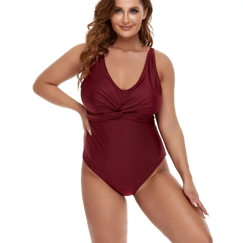 

New Conservative Plus Size Women's One-Piece Swimsuit Solid Color Triangle Swimwear Wholesale