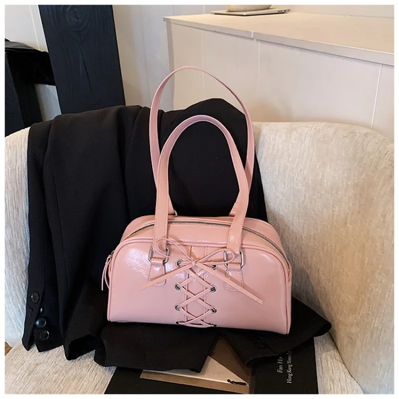 

PU Fashion Horizontal Small Square Bag High Beauty 2025 High Quality Zipper Solid Color Bow Versatile Handbag Shoulder Bag