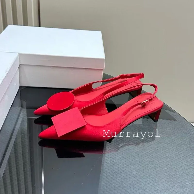Pumps Satin Pointed Toe Closed Toe Shallow Mouth Sandalias Mujer Women Solid Color Low Heels Sandals Summer Party Dress Shoes