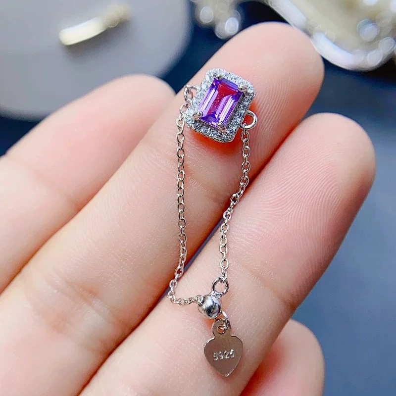 Fashion 925 Silver Chain Ring 4mm*6mm 0.5ct VVS Grade Natural Amethyst Ring for Daily Wear 18K Gold Plating Gemstone Jewelry