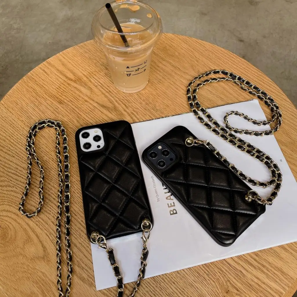 Fashion Long Metal Chain Cross Body Handbag Design Lambskin Leather Case CoverFor Iphone 16 15 Pro Max 14 Pro 12 11 13 