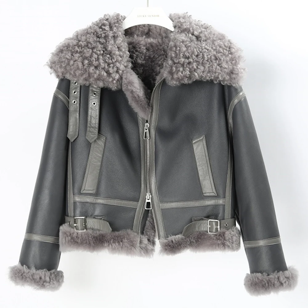 Bazaar Lamb Fur Shearling Clothing Women Full Pelt Short Moto Biker Fur Jacket Black Real Fur Overcoat