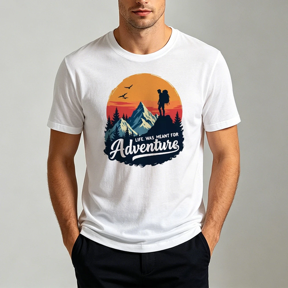 Life Was Meant for Adventure Sunset Hiker Graphic T Shirt Men T Shirt Silhouette Landscape Print Top Summer Outdoor Travel Tops