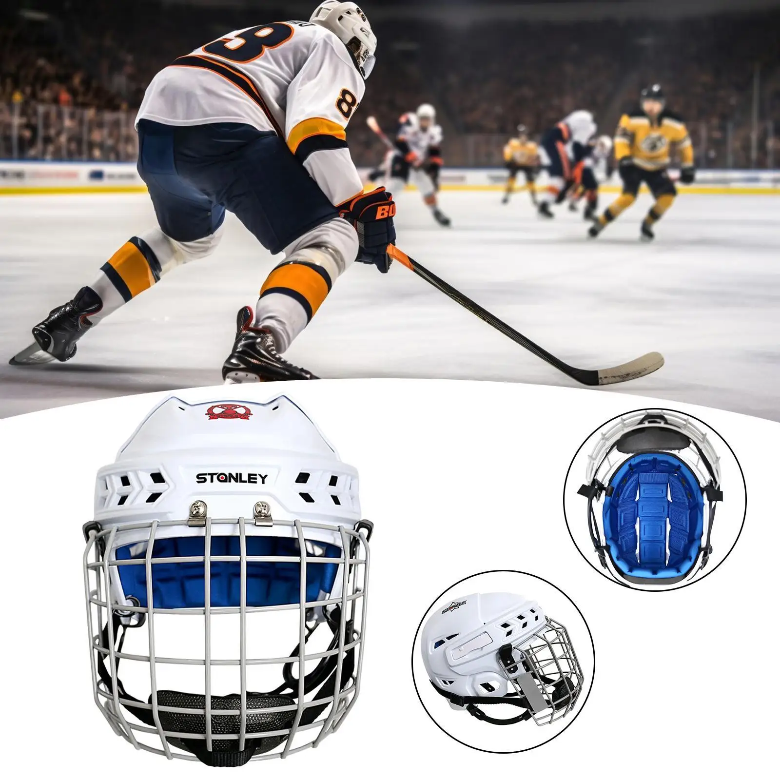 

Hockey Adjustable White Head Helmet Ice Speed Skate Helmet for Game Dryland Hockey Practice Hockey Helmet for Game and Practice