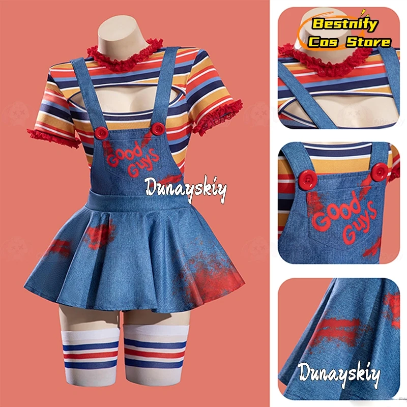 المرأة القاتل دمية زي الهالوين التأثيري {Bestnify Cos} القوطية ارتداءها متعدد الألوان مخطط انقطاع ارتداءها وزرة جوارب #2