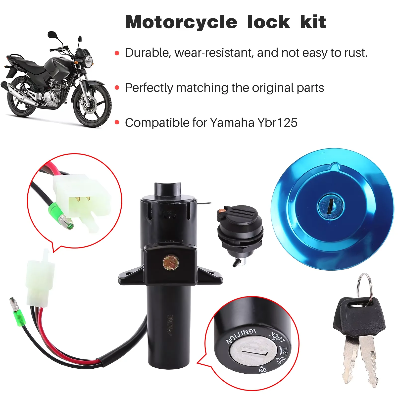 

Motorcycle Lock Set Ignition Switch Fuel Gas Tank Cap Seat Lock Keys Aluminum For Yamaha YBR125 2002-2013