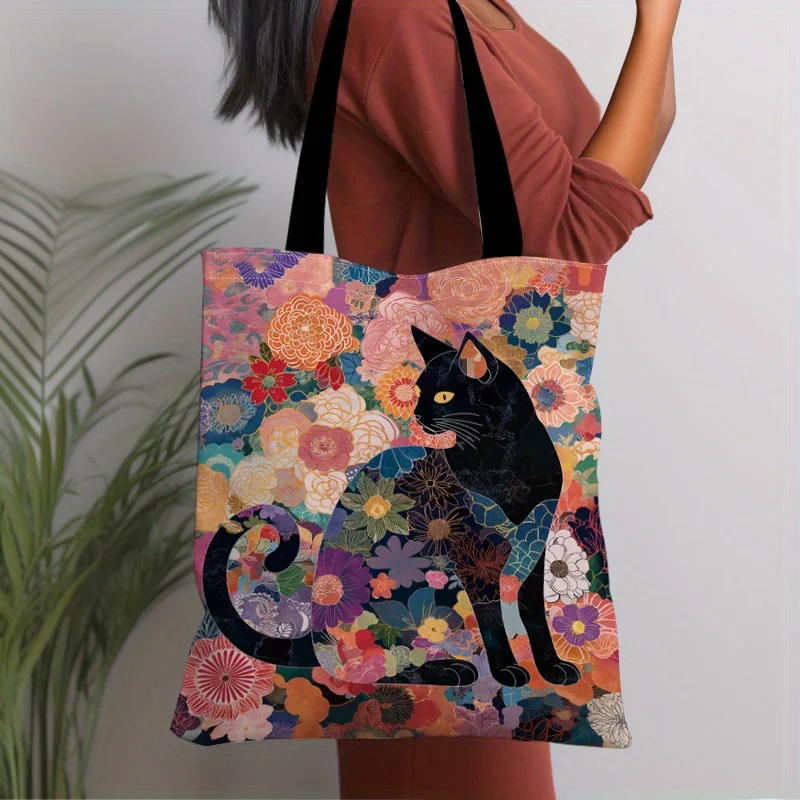 

1pc Japanese Cute Cat & Floral Print Tote Bag - Vibrant Mixed Colors, Durable Polyester