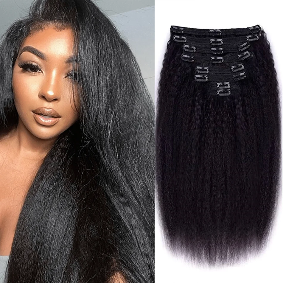 Kinky clipe reto em extensões de cabelo 100% cabelo humano real natural preto 8 pçs/120g cabeça cheia brasileiro remy clipe ins sem costura