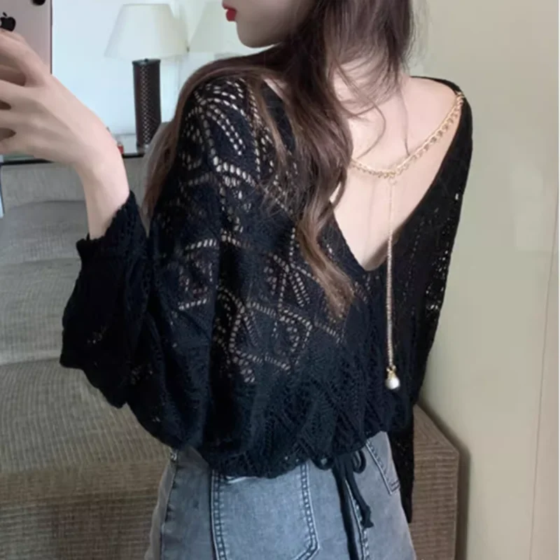 

Long Sleeve Pointelle Knit Top for Women V-neck Chain Decor Sheer Hollow-out Pullover Female Thin Sweater Spring Autumn Outfit