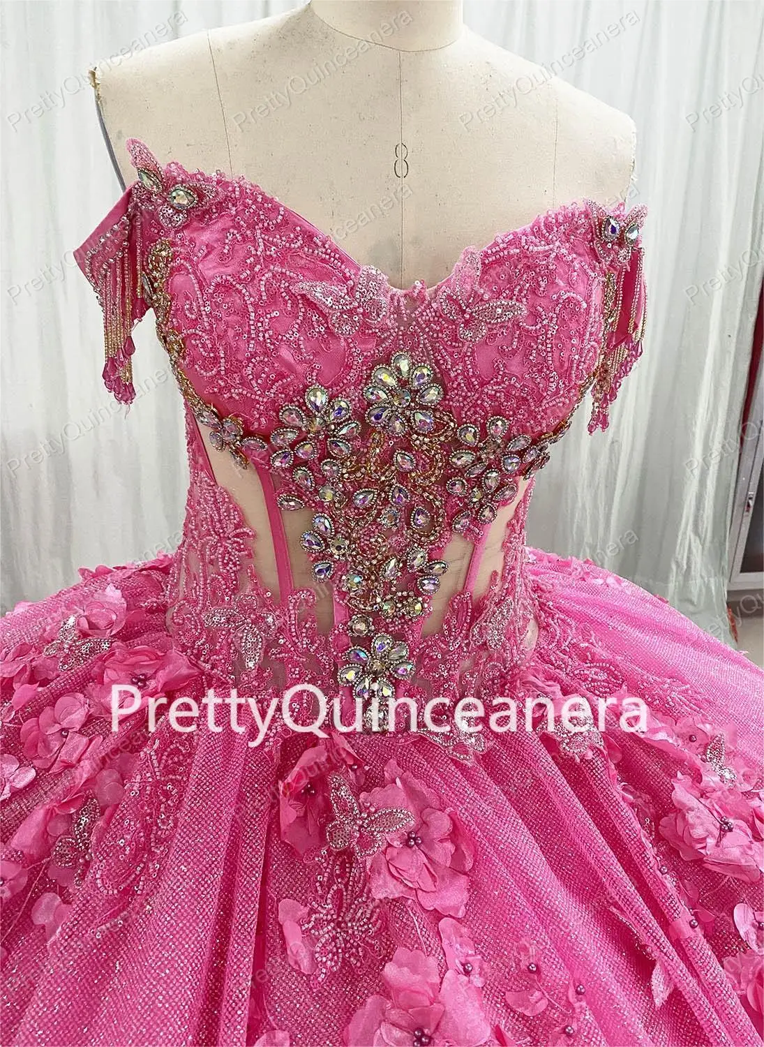 PrettyQuinceanera Glitter Tulle Hot Pink Illusion Corset Crystal Quinceanera Dresses with Bow and Butterflies Hanging Bead Dress