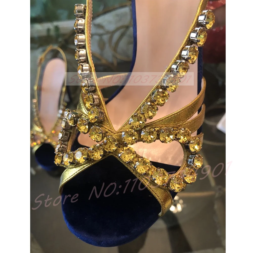 Crystals Bow-Tie Slingback Thin Heels Sandals Women Blue Velvet Peep Toe Metallic Strap Sandals Gold Gems High Heels Shoes