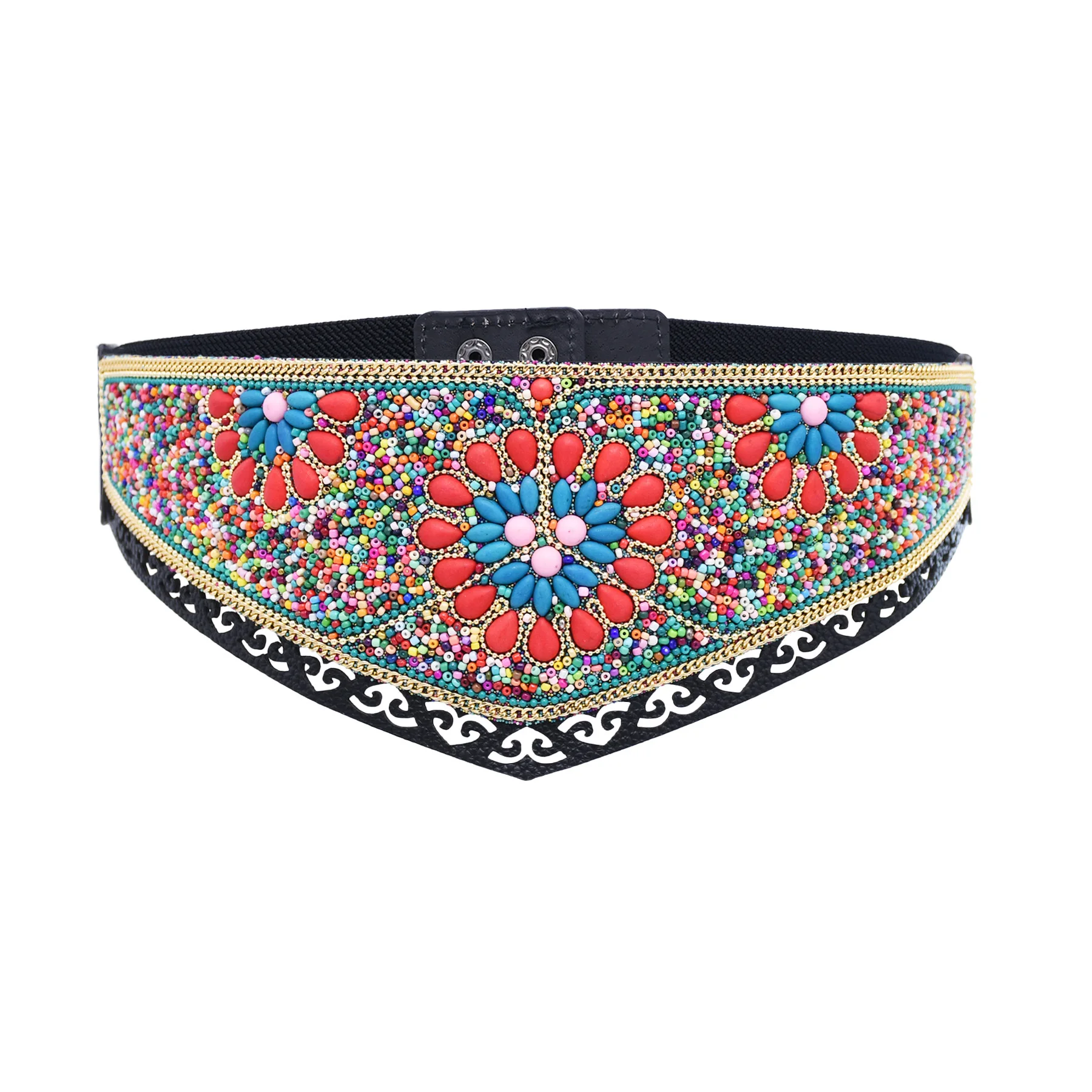 Cinturón bohemio con cuentas y flores para mujer, cinturón étnico con cadena ancha elástica para el cuerpo, vestido para niñas y mujeres