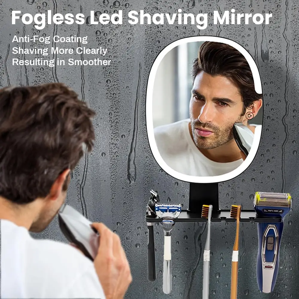 Wall mounted Bathroom Mirror LED Shaving Mirror with Razor Holder Illuminated Fogless Shower Bath Accessories 3Colors Adjustable