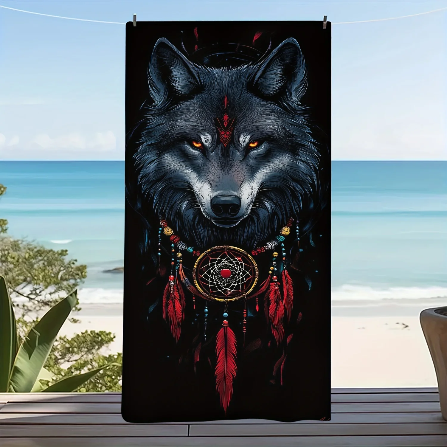Wolf Dreamcatcher Beach Towel, Tribal Wolf Art, Quick Dry Microfiber, Oversized for Beach Pool, Gift for Him