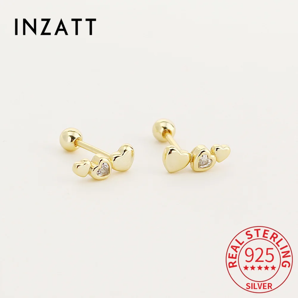 

INZATT Real 925 Sterling Silver Zircon Heart Bead Screw 14K Gold Stud Earrings for Women Party Cute Fine Jewelry Accessories